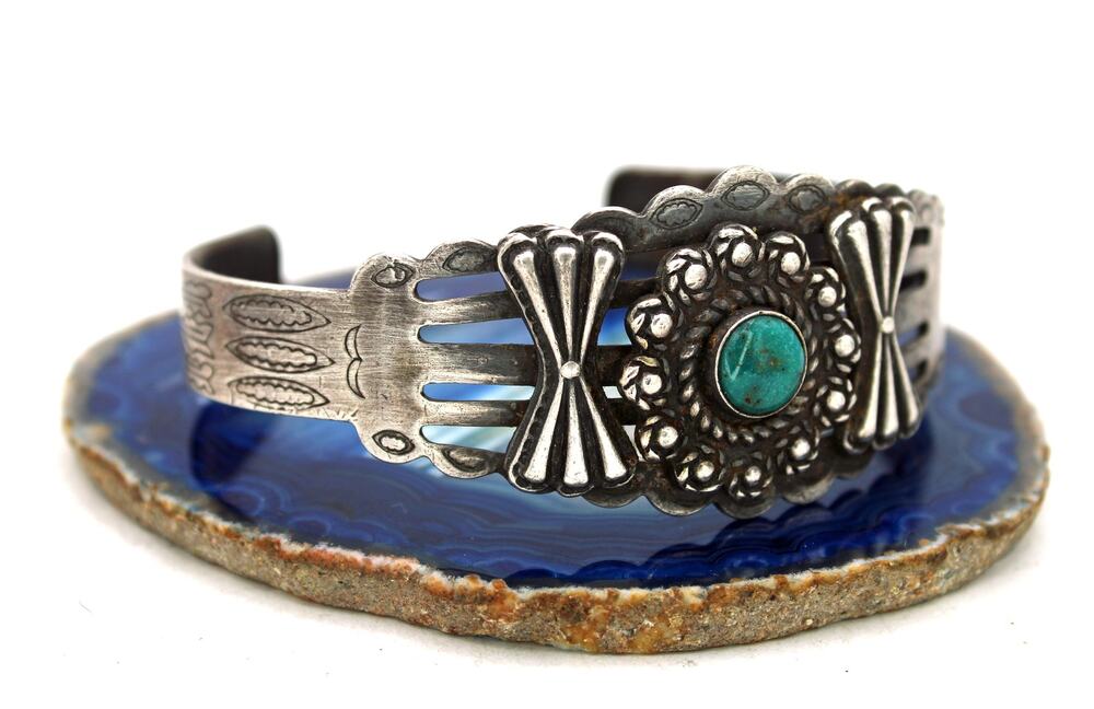 Fred Harvey Era Sterling Silver Turquoise Cabochon Cuff Bracelet
